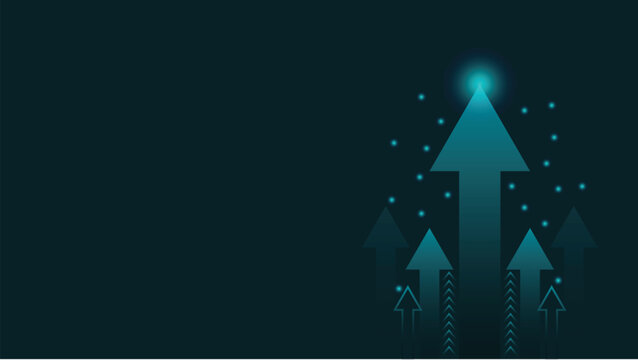 Teal vector arrows rising upwards with glowing effect on dark background