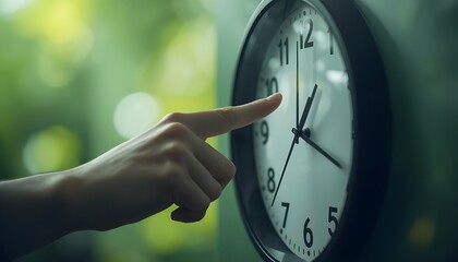 A hand pointing to the time on a clock with a blurred green background