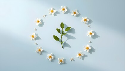 A delicate floral arrangement with white flowers and green leaves on a soft blue background