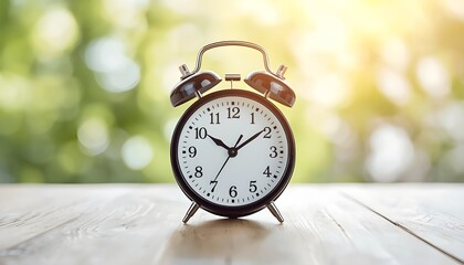 A classic alarm clock sitting on a wooden table with a blurred green background and warm sunlight