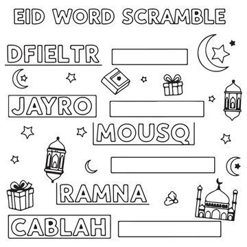 Eid Word Scramble educational worksheet for kids featuring scrambled Islamic vocabulary words and line art icons like mosque, moon, and lanterns for Ramadan and Eid al-Fitr activities.