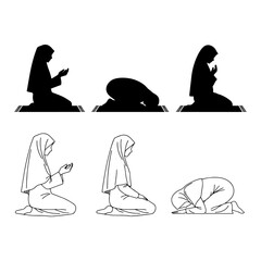 Muslim Female Offering Prayers Silhouette Pack - Spiritual Woman Making Dua Islamic Prayer Vector Illustration