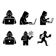 Computer Hacker on Laptop Silhouette Pack - Cyber Security and Coding Hacker Vector Illustration Set