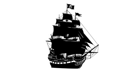 Silhouette Pirate Ship with Jolly Roger Flag Sailing on White Background © heru