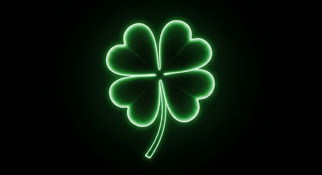 Glowing neon green four-leaf clover on a dark background, St. Patrick's Day symbol, Canada
