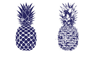 Grunge texture Two blue pineapple illustrations with different textures on white background  fruit designs Vintage Style