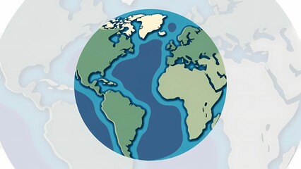 Obraz premium A stylized cartoon illustration of the Earth globe, prominently featuring the Atlantic Ocean and surrounding continents, set against a faded world map background.