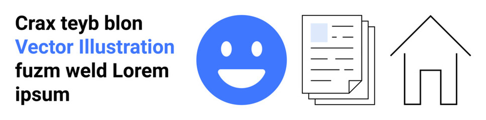 Fototapeta premium Communication, digital media, content creation, housing, document management, social interaction. Blue happy face, a stack of documents and a simple home icon. Communication and digital media