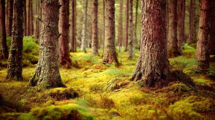 Fototapeta premium Dense Forest Scene with Tall Trees and Vibrant Green Moss Underfoot in Natural Environment