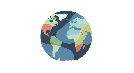 Obraz premium Stylized graphic illustration of the Earth globe with continents in various colors and abstract blue overlays.