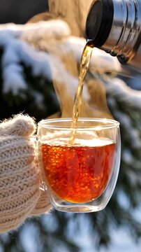 Hand in a mitten pouring hot tea from a thermos in the snow.