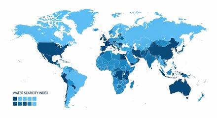 Obraz premium World map illustrating water scarcity index by country, showing varying levels of water stress across continents.