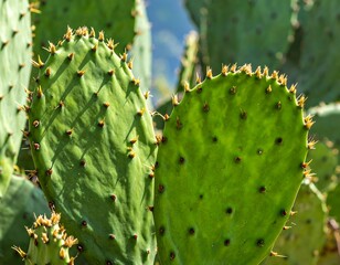 Close-up of green, flat, prickly paddles of a succulent plant in bright sunlight, with visible spines