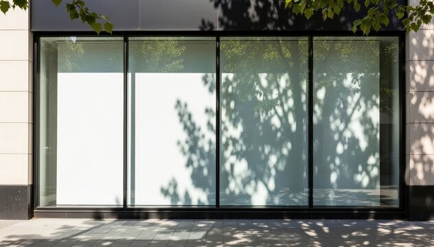 Empty shop window with shade of tree: A close-up shot captures the intriguing perspective of a shop window, displaying an interplay of light and shadow.