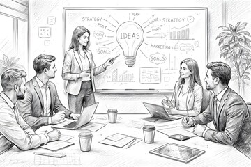 Fototapeta premium Business Brainstorming and Strategy Session, Female Leader Presenting Ideas to Team Sketch