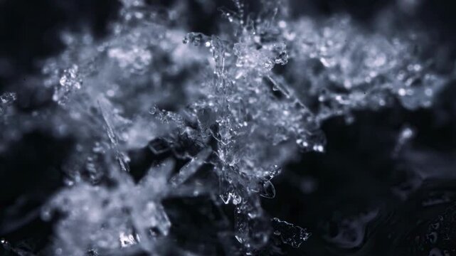 Extreme close-up macro photography of intricate ice crystals forming delicate snowflake structures
