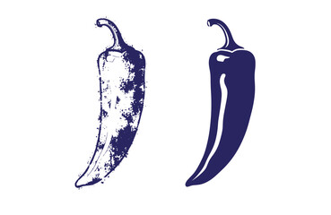 Grunge texture Two dark blue chili pepper illustrations in grunge and solid styles side by side on white background Vintage Style