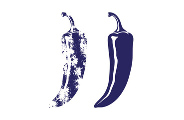 Grunge texture Two dark blue chili peppers one grungy and one shiny on white background Vintage Style