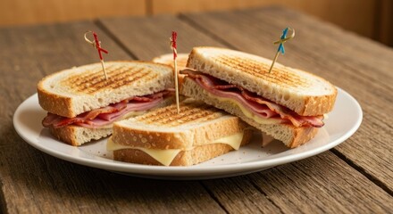 Grilled sandwiches with toothpicks on a white plate, set on a rustic wooden table