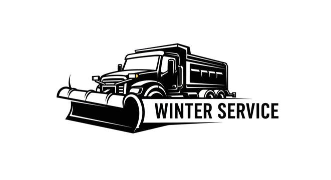 Snow plow truck with "Winter Service" text, graphic illustration