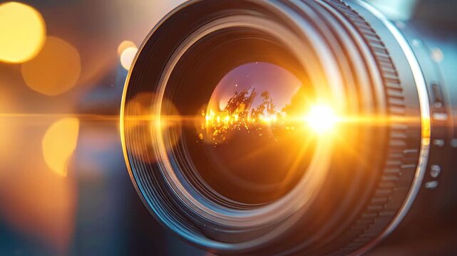 Close Up of Camera Lens with Sunlight Reflection and Bokeh Effect.