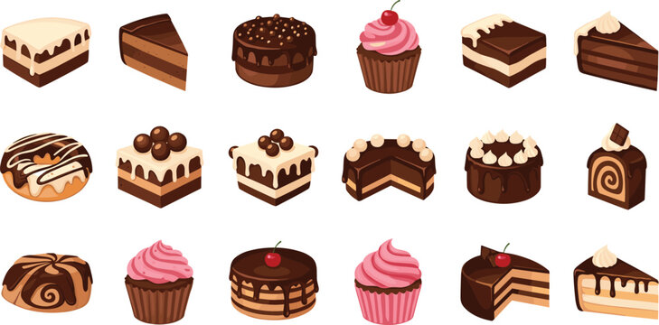 Chocolate dessert cartoon collection. Cakes, cupcakes and pastry slices with creamy layers. Sweet bakery illustration set with cherries and chocolate toppings.