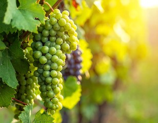 Close-up of green grapes growing on a vine with sunlight filtering through leaves. Some purple grapes are in the background