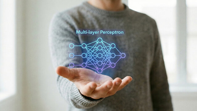 Hands showing holographic multi layer perceptron neural network illustrating machine learning visual concepts and innovation with digital glow