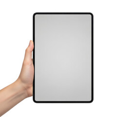Hand holding a tablet with blank screen isolated on transparent background