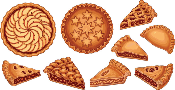 Autumn pie and pastry cartoon set. Apple tart, lattice pie and hand pie illustrations. Cozy fall bakery collection in warm golden brown tones.