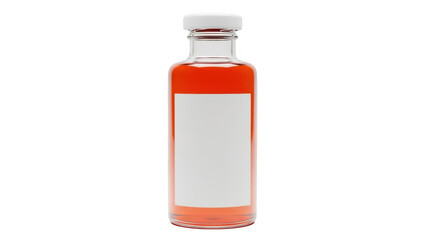 Glass vial with orange liquid and blank label isolated on transparent background