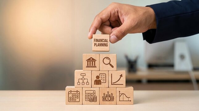 Financial planning, business strategy, investment growth, wealth management, financial icons, wooden blocks, businessman hand building a pyramid for professional money management.