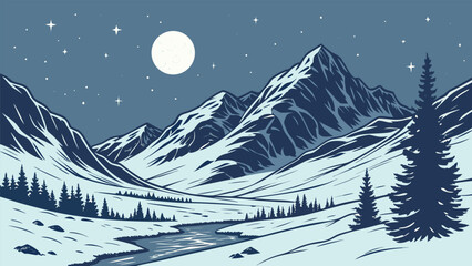 Starry Moonlit Winter Mountain Landscape Vector Illustration