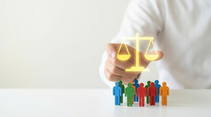 Justice, Equality, Law, Balance, Diversity, Human rights, Inclusion concept with hand pointing at glowing scale over group of diverse colored people icons for legal and HR ethics.