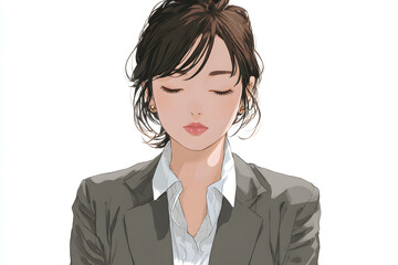 Serious young Japanese businesswoman looking down with eyes closed or pensive expression in a professional 