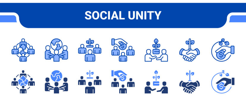 Social Unity Icon Collection,  featuring Unity, Multicultural, Society, Humanity, Support, Agreement, Contribution.