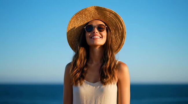 Portrait of a happy marketing director wearing straw hat and sunglasses while smiling on a sunny beach background during sunset, concept for travel agency promotion, lifestyle and remote work