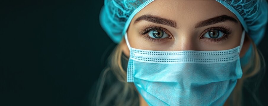 Close-up healthcare professional with striking eyes, wearing a blue surgical mask and cap