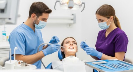 Fototapeta premium Dentists performing a procedure on a patient in a modern dental clinic.