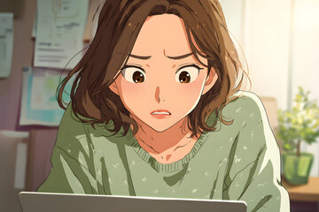 Young Japanese woman looking at a laptop screen with a worried or surprised expression in a dimly lit room