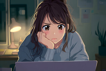 Young Japanese woman looking at a laptop screen with a worried or surprised expression in a dimly lit room