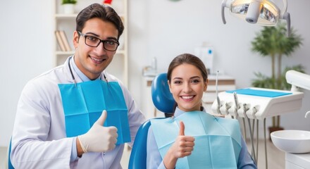 Obraz premium Dentist and patient giving thumbs up in a dental clinic setting.