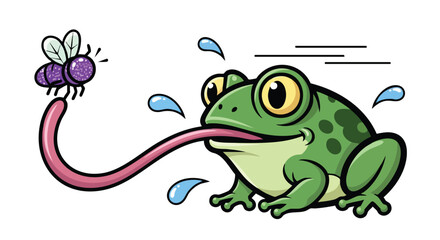 Cartoon Frog Catching a Fly with its Long Tongue.