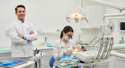 Obraz premium Dentists in a modern clinic performing dental procedures on patients