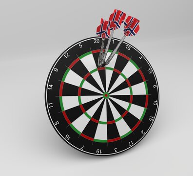 Three darts with Norway flag flights hitting the triple twenty on a dartboard