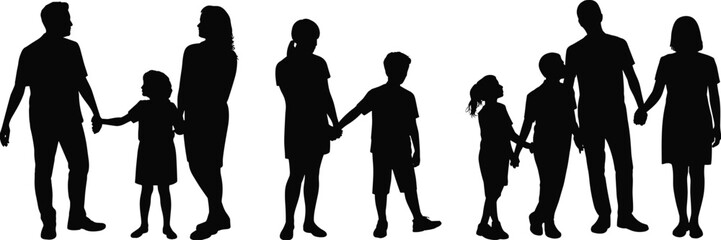 Black silhouette collection of happy families with parents holding hands with children isolated on white background for lifestyle togetherness and community vector design elements