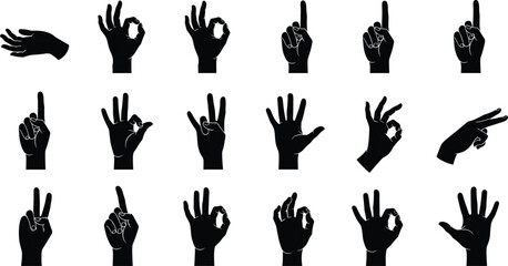 Fototapeta premium Black Hand Gesture Silhouette Set Isolated on White Background Vector Collection of Human Finger Signs for Communication, Counting and Symbolic Expression Design
