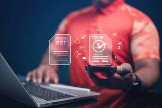 A businessman working with laptops, digital documents, checklist interfaces, and document management processes for quality control approval, data organization, a paperless office, and business process