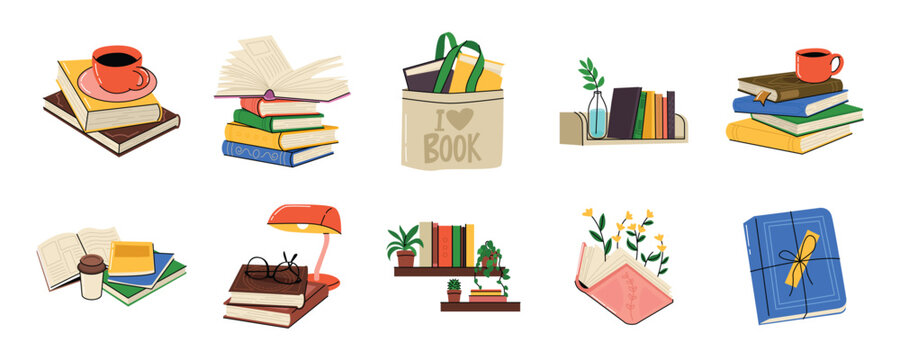 Hand Drawn Cozy Books and Reading Accessories Vector Collection. Colorful Hardcover Paper Books for Education and Learning Illustration