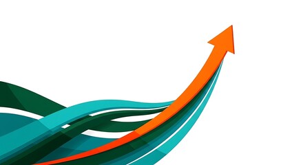 Ascending orange arrow curves upward over flowing teal and green lines on white